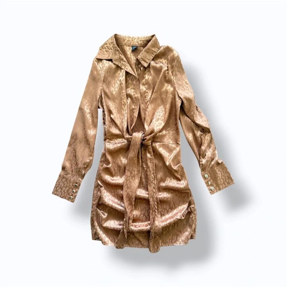 SHEIN Gold Satin Leopard-Print Tie-Front Mini Dress - S